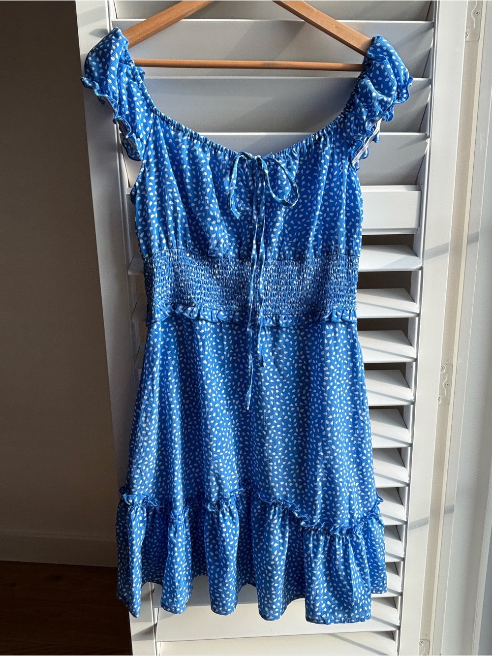 Blue Ruffle Tie-Front Sundress with White Dot Print